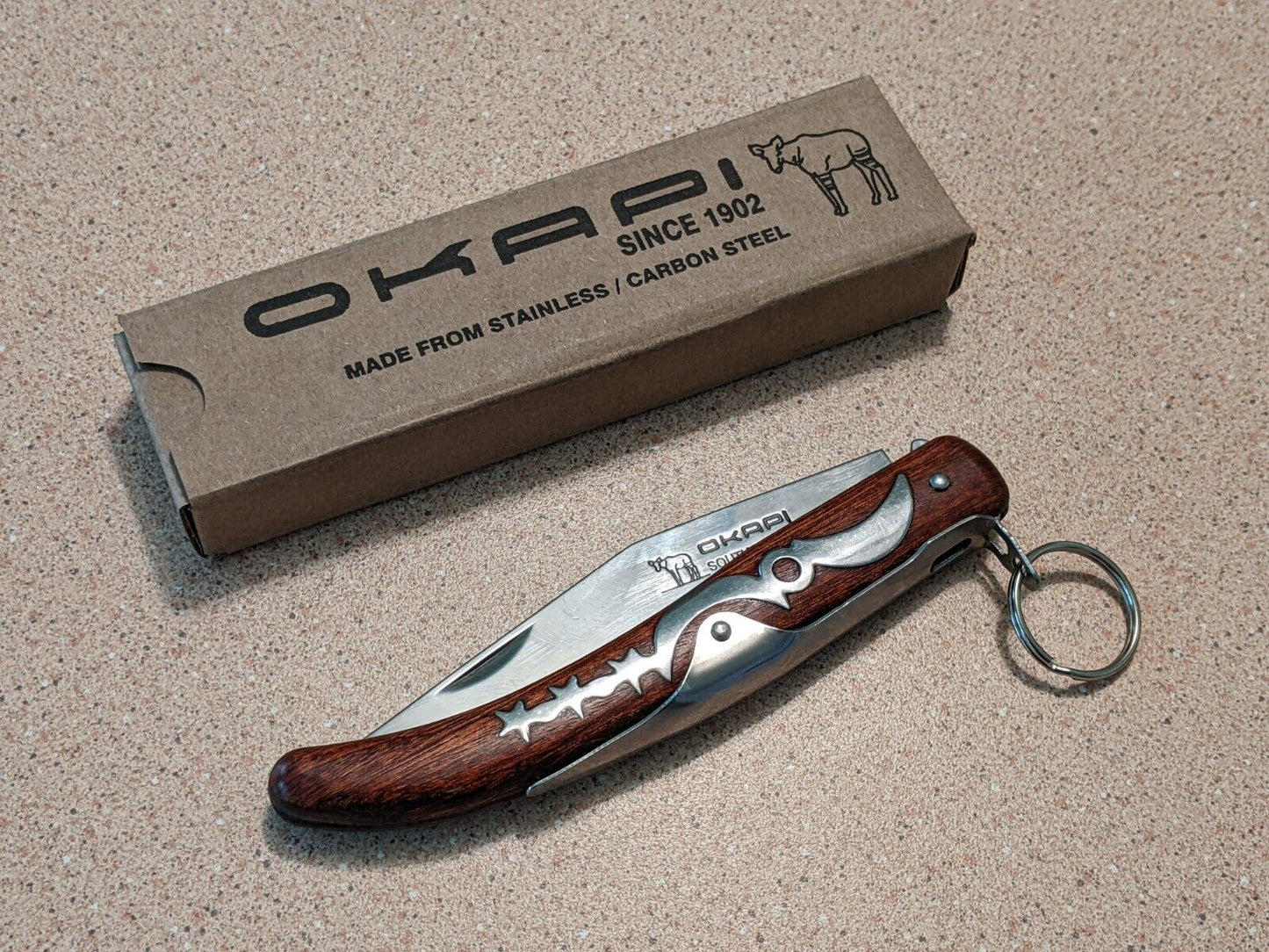 Okapi Historical South African Carbon Steel LOCK RING Knife Moon and Star Design