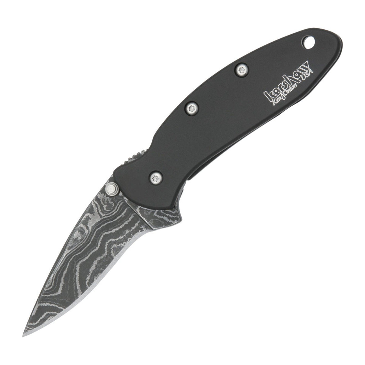 Kershaw Chive Black Aluminum Damascus Folding Knife - Damascus, Clip Point, Aluminum product photo
