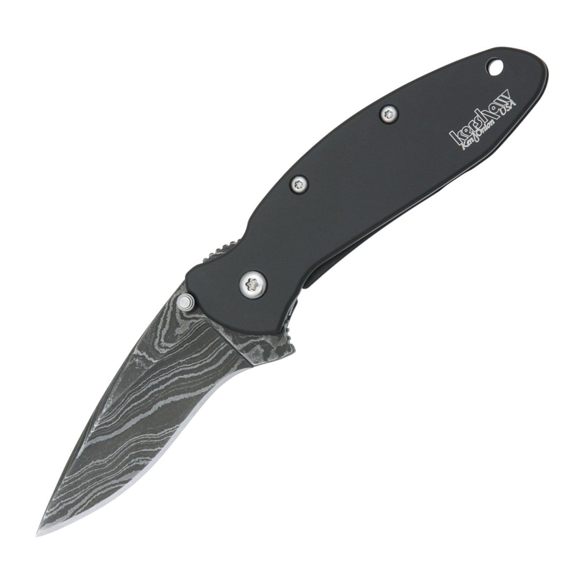 Kershaw Scallion Black Aluminum Damascus Folding Knife - Damascus, Drop Point, Aluminum product photo