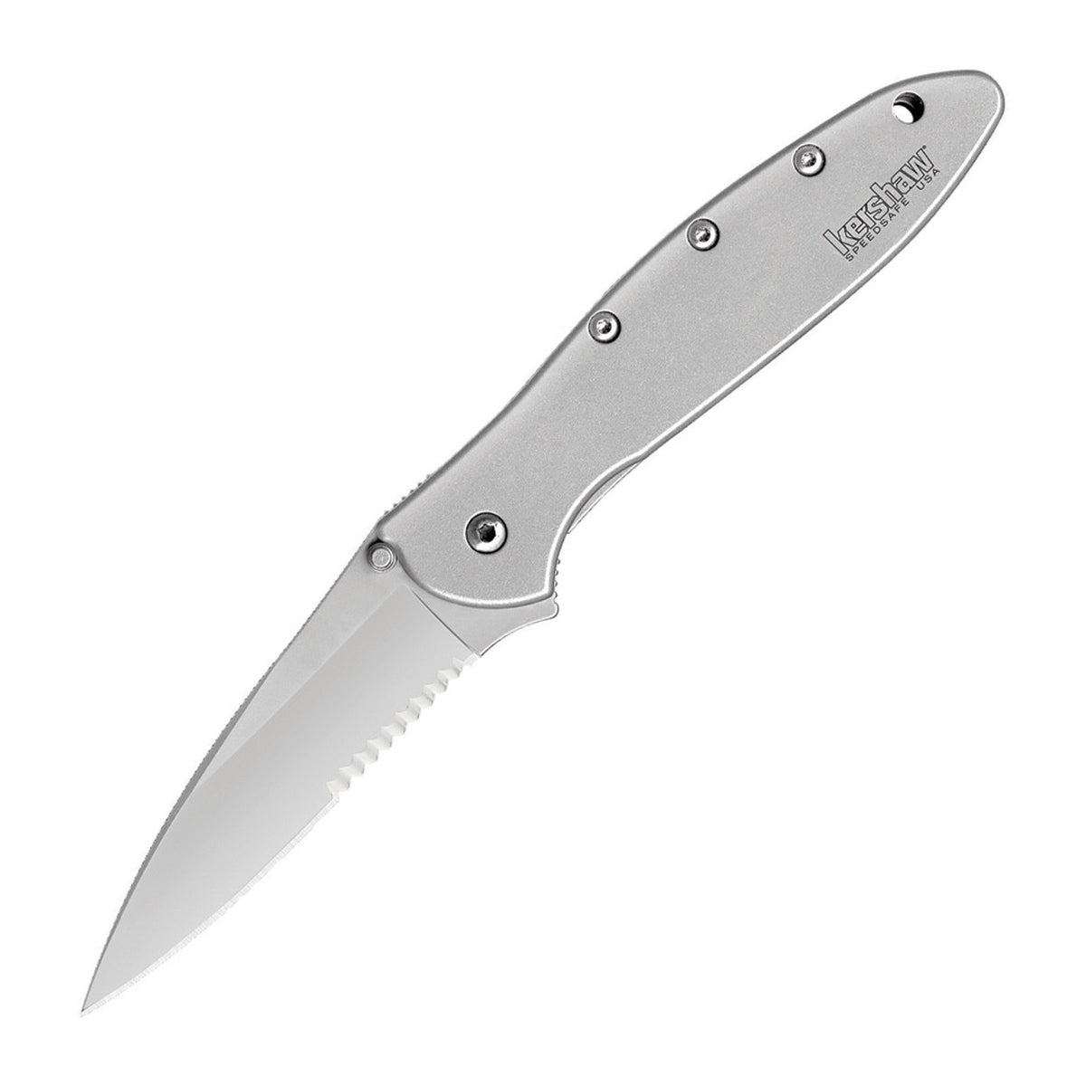 Kershaw Leek Serrated Silver 410 stainless Steel 14C28N Folding Knife - 14C28N, Drop Point, 410 stainless Steel product photo