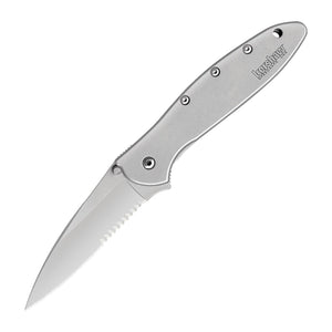 Kershaw Leek Serrated Silver 410 stainless Steel 14C28N Folding Knife - 14C28N, Drop Point, 410 stainless Steel product photo